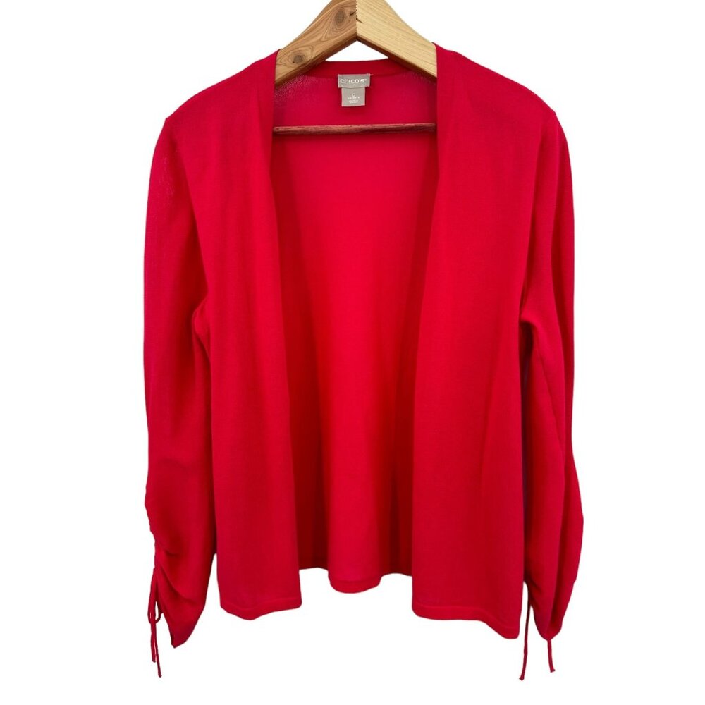 Chico's Ruched-Sleeve Cardigan Size 0 4 Vibrant Berry Red 3/4 Sleeve Open Front